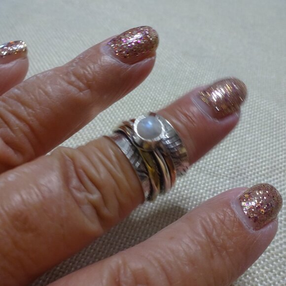 Whimsical RAINBOW MOONSTONE SILVER & COPPER SPINNER Handmade Ring Size 7.5 #163C - Picture 1 of 3